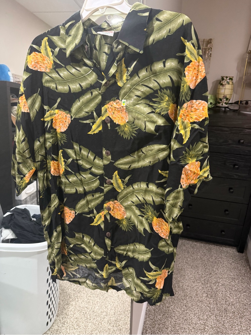 Men's Black Hawaiian Shirt with Green Leaf & Orange Pineapple Print